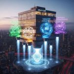 Una pyme representada como un edificio que despega como nave futurista gracias a aplicaciones digitales que la impulsan.