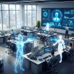 Colaboración entre personas y agentes de IA en una oficina moderna, transmitiendo productividad y claridad.
