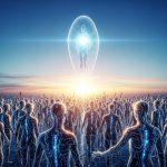 Escena luminosa tipo cómic corporativo donde flujos de clientes se integran alegremente en un CRM inteligente con IA