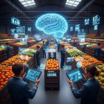 Operarios trabajando en un almacén moderno con tablets conectadas al ERP, consultando datos en tiempo real mediante inteligencia artificial conversacional.
