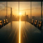 Imagen corporativa de una sala de dirección con hologramas de IA alineados hacia un objetivo común, simbolizando enfoque estratégico en IA generativa.