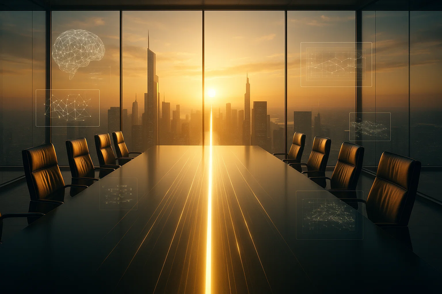 Imagen corporativa de una sala de dirección con hologramas de IA alineados hacia un objetivo común, simbolizando enfoque estratégico en IA generativa.